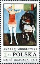 Woman hanging up laundry, by Andrzej Wroblewski