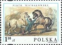 Stableboy Bridling Percherons, by P. Michalowski