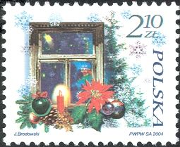 Window, omaments, candle, poinsettia