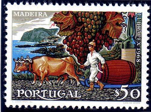 Landscape at Cape Girao, vines, ox sled with wine barrel