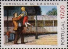 Emigrant greeting child at reilroad station