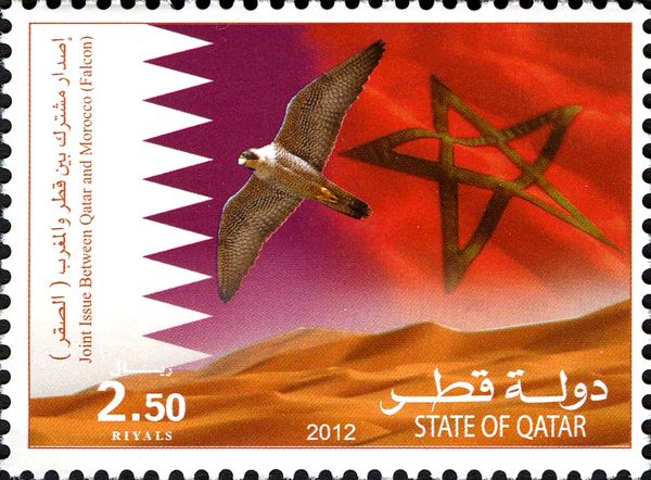 Flags of Quatar and Morocco, Falcon over Dunes