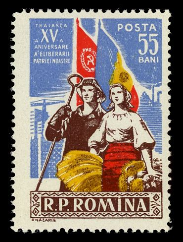 Steel worker & farmer's wife with flags & buildings