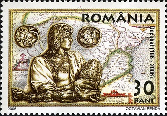 Decebalus with Crown, Coins, Map of Dacia