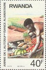 Boy carrying basket of fish & produce