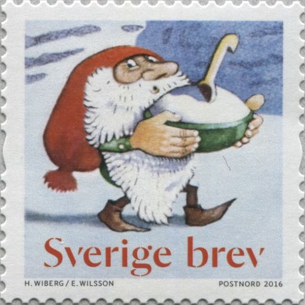 Tomte Tummetott with a bowl of porridge