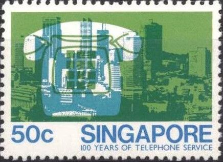 Push-button telephone & city scene