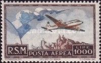 Air Mail - flag and airplane over San marino
