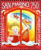 Girl reading book, Santa in sleigh