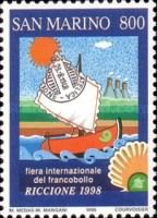 Stylized coast, stamp, sailboat, seashell