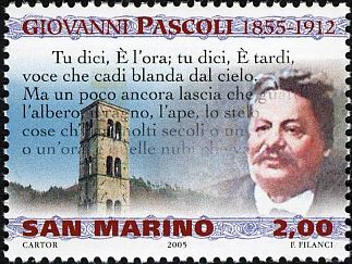 Bell tower and portrait of Giovanni Pascoli