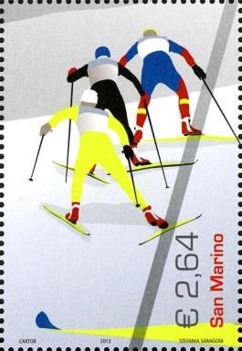 Stylized skiers