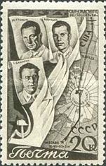 Portrait of Crew of ANT-25 and Flight Route