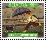 Boy with Umbrella & Dog in the Rain