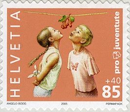 Boy and Girl Catching Cherries in Mouth