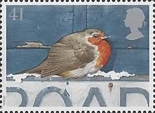 European Robin (Erithacus rubecula) on Road Sign
