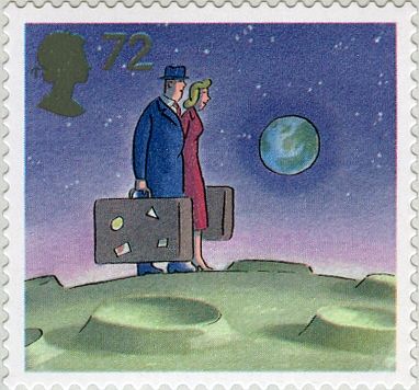 Couple with Suitcases on Moon (space travel) S/A
