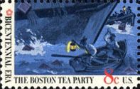 Teapartiers in Boat next to Ship's Hull