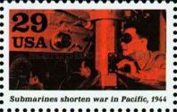 Officer at periscope (Submarines shorten war in Pacific)