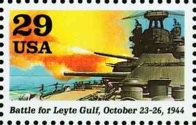 Battleship firing main battery (Battle of Leyte Gulf, Oct. 2