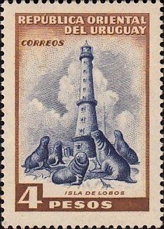 Isla de Lobos lighthouse and Sea Lions (Otaria flavescens)