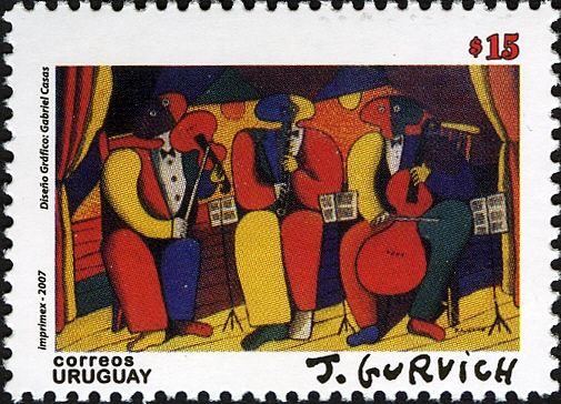 Three musicians in primary colors
