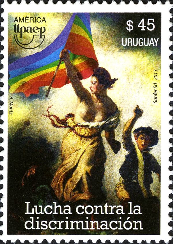 Liberty with multicolored flag