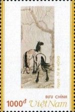 Two horses under tree - painting by Hsu Pei Hung