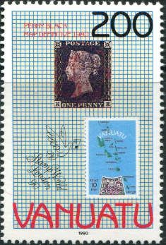 Stamps Great Britain No. 1 + Vanuatu No. 562