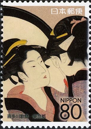 "Naniwa Okita Admiring Herself in a Mirror" by K. Utamaro 