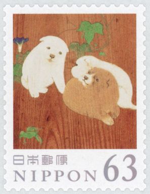 Morning Glories & Dogs on a Cedar Door (part) Maruyama Ōkyo