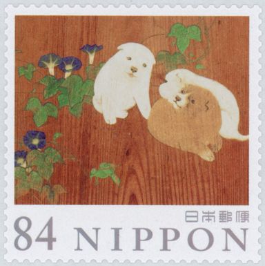 Morning Glories & Dogs on a Cedar Door (part) Maruyama Ōkyo
