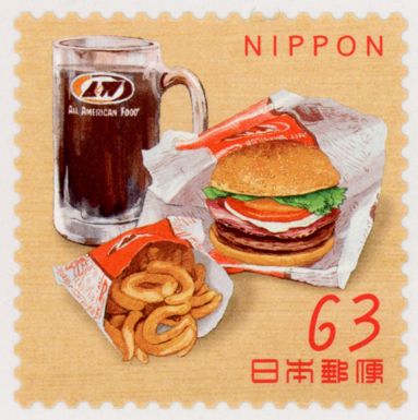 Root beer, hamburger, curly fries