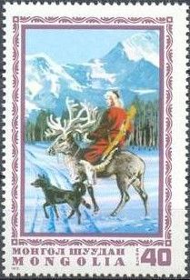 Hunter riding Reindeer (Rangifer tarandus)