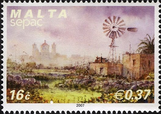 Windmill, farmhouse and church, Qrendi
