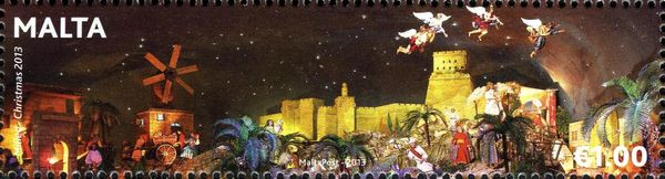 Flying angels over city walls, palm trees and flour mill