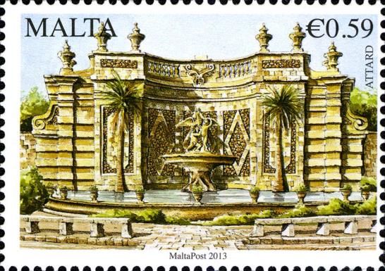 Fountain in front of wall, San Anton Gardens, Attard