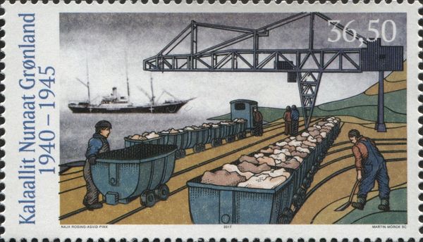 Cryolite mine in Ivittuut: workers, filled carriages