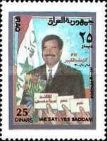 Saddam Hussein, hands with ballot papers
