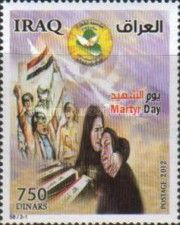Grieving women, protesters with national flag, emblem