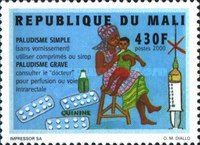 Mother, child, syringe, quinine tablets