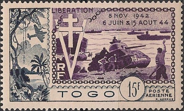 Landing scene; Cross of Lorraine and V