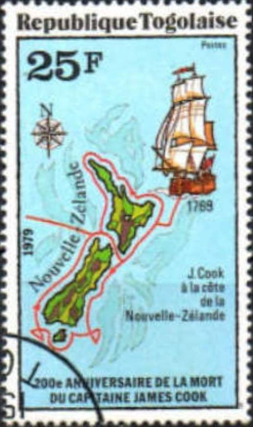Map of New Zealand with route of the ship Endeavour
