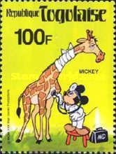Doctor Mickey Mouse examining a giraffe with a sore throat