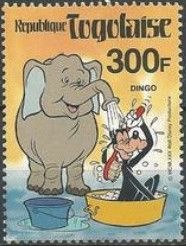An elephant showering Goofy