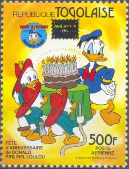 The nephews, Donald Duck with birthday cake (overprinted)