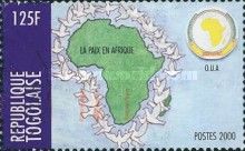 Map surrounded by doves and the logo of the O.U.A.