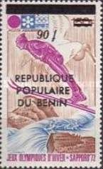 Ski jumper and stork flying overprinted