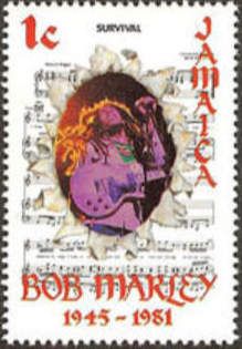 Portrait of Bob Marley and song title "Survival"