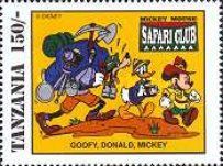Goofy carrying equipment, Donald Duck and Mickey Mouse